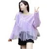 Chandails pour femmes pull violet automne industrie lourde perles dentelle maille couture lâche couleur unie fée haut pull femme