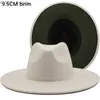 Wide Brim Hats Bucket Hats New Outer Green Inner Beige Wool Felt Jazz Fedora Hats with Thin Belt Buckle Men Women 9.5cm Wide Brim Panama Trilby Cap 56-58cm YQ231116