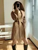 Misturas de lã feminina outono camelo casaco de cabelo feminino médio longo com capuz preto casaco feminino ondulação de água solta casual moda 100% cabelo de camelo clássico MAX 231116
