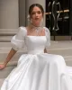 Simples vestidos de casamento longos gola quadrada cetim mangas inchadas uma linha até o chão vestido de ocasião formal