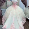 Robe De Quinceanera rose, col en v, épaules dénudées, Corset, robe De fête d'anniversaire, en tulle, à fleurs, 2024