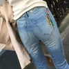 Pantalones vaqueros de mujer de lujo con cuentas bordado de flores hasta el tobillo pantalones de lápiz rasgados Oficina señora calle pantalones vaqueros elásticos