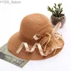 Breite Krempelnhüte Eimerhüte 2023 Neue elegante Sommer Organza Sonnenhüte für Frauen Breitkandel mit Big Fewer Fedora Hut Fashion Ladies Hochzeitskirchen Party Hut YQ231116