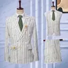 Ternos masculinos 2023 Men linen Set Moda Slim Fit Green Green Branco Listra Vertical Casamento Groom Palnta de colete de colete de cauda