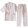 Lounge do sono feminino Spring Japanese Primavera/Verão Novo Kimono Conjunto de gaza de algodão pura Conjunto de pijama feminino 3/4 de manga Kimono Sweat Home Wear ZLN231116