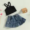 FOCUSNORM 1-5Y Mode Kinderen Meisje Zomer Kleding Effen Kleur Geribbeld Hemdje Elastische Denim Rok Set Voor Peuter