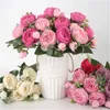 Decorative Flowers Rose Pink Silk Bouquet Peony 5 Big Heads 4 Small Bud Artificial Flower Home Wedding Decor DIY Fake Arrangement