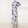 작업 드레스 Miyake 인쇄 티셔츠 탑 여자 2023 가을 세트 패션 및 다목적 하이 허리 미드 길이 드레스 2 조각