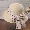 Sombreros de ala ancha Sombreros de cubo Elegante Dot Bow Str Gorra para el sol para mujer Sombrero de cubo flexible de verano A prueba de sol Ala ancha Viaje Playa Señoras Sombrero Hombre Chapeau YQ231116