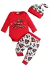 Rompers Baby Christmas jumpsuit Long sleeved printed pants Tie hat Childrens clothing 231115