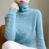 女性用セーター100％メリノウールプルオーバー冬のハイネックソリッドロングスリーブファッションカシミアジャンパー女性のシームレスホローアウトニットセーター231116