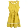 Casual klänningar mori flicka söt kawaii solid gul klänning 2023 sommar mode o-hals ärmlös söt