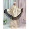 Ethnic Clothing 2 Pieces Set Satin Lace Khimar Jilbab Ramadan Eid Muslim Women Prayer Garment Overhead Hooded Niqab Abaya Hijab Dress Robe