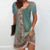 Casual Kleider Damen Sommer Floral Rundhals Kurzarm Tribal Print Kleid Sommerkleider Ethnische Holiday Party Outfits