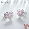 Stud 925 Sterling Zilver Glanzende Hartvormige Stud Oorbellen Roze Zirkoon Oorbellen voor Vrouwen Valentijnsdag Cadeau Fijne Sieraden 231115