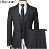 Costumes pour hommes Blazers Shenrun hommes 3 pièces costume printemps automne Plaid Slim Fit affaires formel décontracté vérifier bureau travail fête bal mariage marié 231116