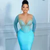 2023 Mint Evening Dresses Simple Styles Long Tulle Sleeves Prom Dress Crystals Sequined Mermaid Party Gowns Pagant Dinner Party Gown