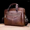 Bortkyror Vintage Brand Designer Natural First Layer Cow Leather Handbag Casual 14 "Laptop Bag äkta män portfölj