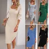 Casual Dresses fyrkantig hals ull stickad klänning elegant höst- och vinterstil skinkor inslagna långt midi -siden