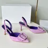 Klänningskor spänne mocka trim linne kattunge häl slingbacks stilett sandaler kvinnors lyxdesigner äkta läder yttersula festskor