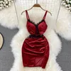 Casual Dresses Sexy Lace Spliced V-neck Spaghetti Strap Velvet Dress Women Fashion Sleeveless Transparent Mesh Hollow Out Mini Party