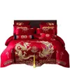 Conjunto de cama Casamento chinês Conjunto de quatro peças Bordado de algodão puro Sala de casamento vermelha brilhante.