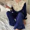 Women's Sleepwear Autumn Winter Women's Blue Velvet Pajama Sets.Vintage Ladies Style Embroidery Lace Pyjamas Set.Warm Sleepwear Loungewear 231116