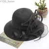 Breite Krempelnhüte Eimerhüte 2023 Neue elegante Sommer Organza Sonnenhüte für Frauen Breitkandel mit Big Fewer Fedora Hut Fashion Ladies Hochzeitskirchen Party Hut YQ231116