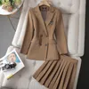 Tvådelt klänning koreansk stil höst formella damer khaki blazer kvinnliga affärsdräkter med uppsättningar arbete slitage kontor enhetlig stor kjol jack