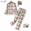 Nachtkleding voor dames Grote maten S-XXXL Nachtkleding Damespyjamaset Dames Warm Flanel Katoen Homewear Pak Herfst Winter Pyjama met geruite print Slaap 231116