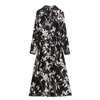 Robes décontractées Robe chemise imprimée noire Femme Automne Vintage Longue Femme Ceinture Manches Femme Élégante Midi