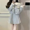 Work Dresses French Vintage Blue Plaid Dress Women Lace Kawaii Elegant Party Mini Female Bow Korean Style Sweet Strap Spring 2023