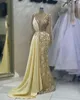 2023 April Aso Ebi Gold Mermaid Prom Dress Crystals Sequined Lace Evening Formal Party Second Reception Birthday Engagement Gowns Dresses Robe De Soiree ZJ5246