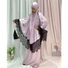 Ethnic Clothing 2 Pieces Set Satin Lace Khimar Jilbab Ramadan Eid Muslim Women Prayer Garment Overhead Hooded Niqab Abaya Hijab Dress Robe