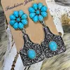 Boucles d'oreilles pendantes 2 paire/pack, étiquette d'oreille fleur de conque, style Boho bohème Cowgirl, accessoires pour femmes, Turquoise avec pierre