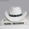 Szerokie brzegowe czapki wiadra czapki retro kobiety mężczyźni wełna filc szerokie kowboj Western Cowgirl Hat Fedora Cap Turquoise Bead Vintage Skórzany zespół 57cm/regulacja YQ231116