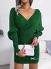 2023 Autumn Knit Sexy Dresses For Woman Deep V-Neck Ong Sleeve Elegant Party Dress Solid Color Long Sleeve Mini Skirt Club Waer Clothing
