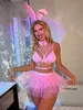 Ensemble sexy Ellolace Bunny Pink Lingerie Sexy Bubble Jupe 5 pièces Ensembles exotiques brillants Dentelle Discothèque Sous-vêtements Pole Dancing Ruffle Outfit 231116