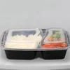 Servis engångsmåltidsbehållare 2-fack förvaringslåda Mikrovågsäck Säkra lunchlådor (svart med lock)