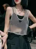 Woman Vest Shirts Net T Shirt Sleeveless Tank Hollow Out Crystal Diamond Female Slim Vests Tees Shirts Tops S-L