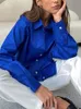 Women's Blouses & Shirts Women Elegant Satin Long Sleeve 2023 Vintage Blue Silk Shirt Female Casual Button Up Tops Spring Chic OutwearWomen'