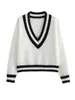 Kvinnors tröjor Aonibeier White Sticke Women Lose Sweater 2023 Autumn Long Sleeve Randiga Trims V Neck Pullovers Female Crop Top