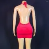 Casual Jurken Vrouwen Strass Sexy Mesh Hangende Hals Mouwloos Backless Mini Korte Jurk Club Verjaardagsfeestje Stage Performance Kostuum