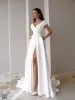 Simple Long Wedding Dresses V Neck Satin with Slit A Line Sweep Train Bridal Gowns for Women