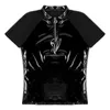 Men's T Shirts Men Top Shirt Black Wet Look Patent Leather See Through Sheer Short Sleeve Half Front Zipper T-Shirt Clubwear Pole Dance Costume