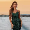 Emerald Green Long Mermaid Evening Dresses Elegant for Women Spaghetti Velvet Sequins Formal Prom Party Gowns