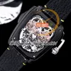 BZF Twin Turbo Mens Watch JCFM05 Twin Tourbillon Automatic DLC Black Steel Case Skeleton Dial Number Markers Black Leather Band Super Edition trustytime001Watches