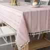 Table Cloth Nordic Christmas Tablecloth Pink Hollow Embroidered Jacquard Striped Rectangle Cotton Linen Dining