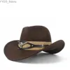 Breda brimhattar hink hattar mode ull kvinnor män ihåliga västra cowboy hatt roll-up wide brebentleman jazz sombrero hombre cap storlek 56-58cm med ko bälte yq231116