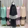 Ethnic Clothing 2 Pieces Set Satin Lace Khimar Jilbab Ramadan Eid Muslim Women Prayer Garment Overhead Hooded Niqab Abaya Hijab Dress Robe